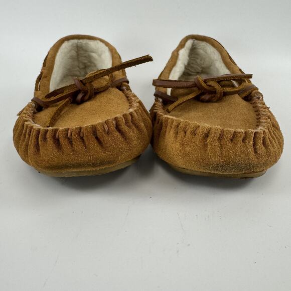 Minnetonka Trapper Leather Slippers Cinnamon Tan Women Size 8 Lined w/ Shearling - Picture 6 of 8